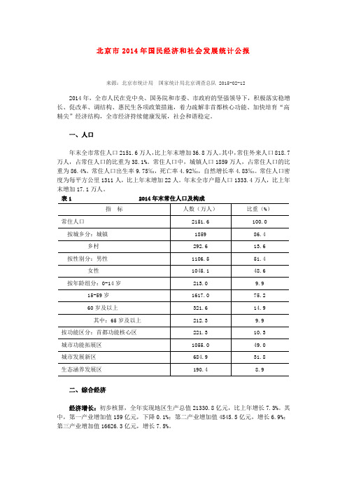 北京市2014年国民经济和社会发展统计公报(DOC)