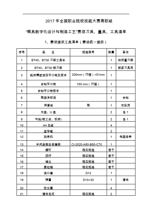 2017 技能大赛 拟设赛题 高职 模具数字化设计与制造工艺 高职组模具赛项刀具工具清单4-23