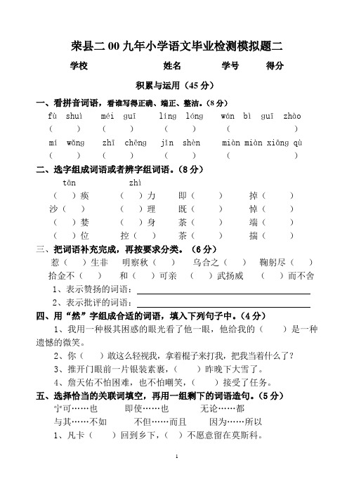 荣县二00九年小学语文毕业检测模拟题二