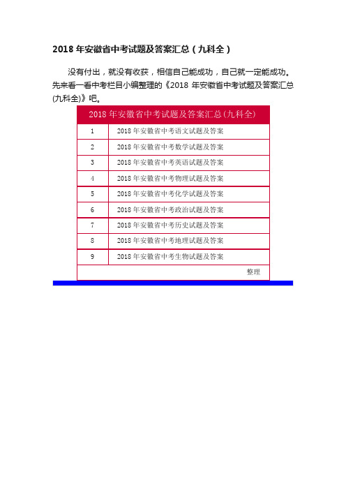 2018年安徽省中考试题及答案汇总（九科全）