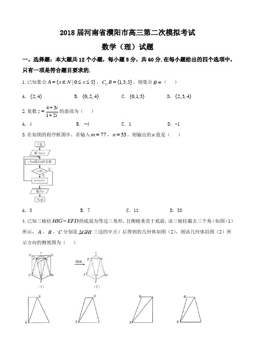 河南省濮阳市2018届高三第二次模拟考试数学(理)试卷(含答案)