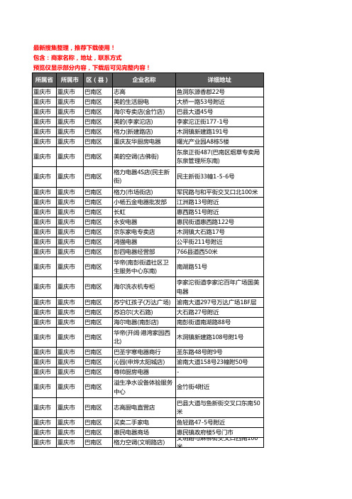 新版重庆市重庆市巴南区家用电器企业公司商家户名录单联系方式地址大全325家