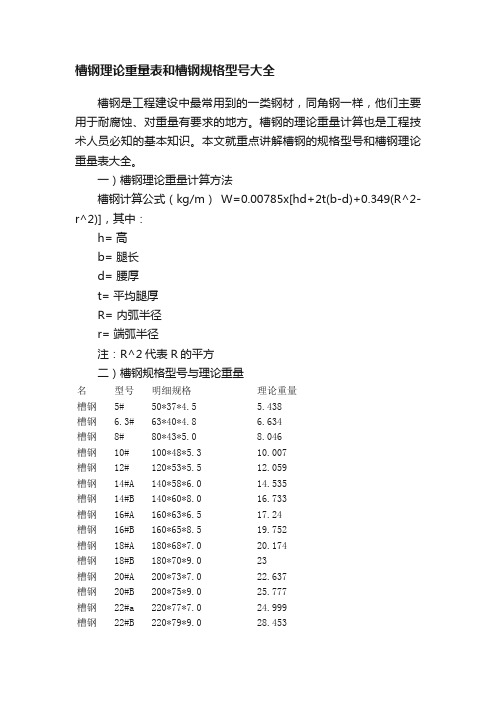 槽钢理论重量表和槽钢规格型号大全