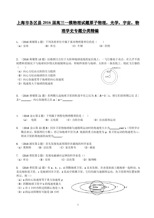 2016年上海一模 原子物理,光学,宇宙,物理学史专题汇编