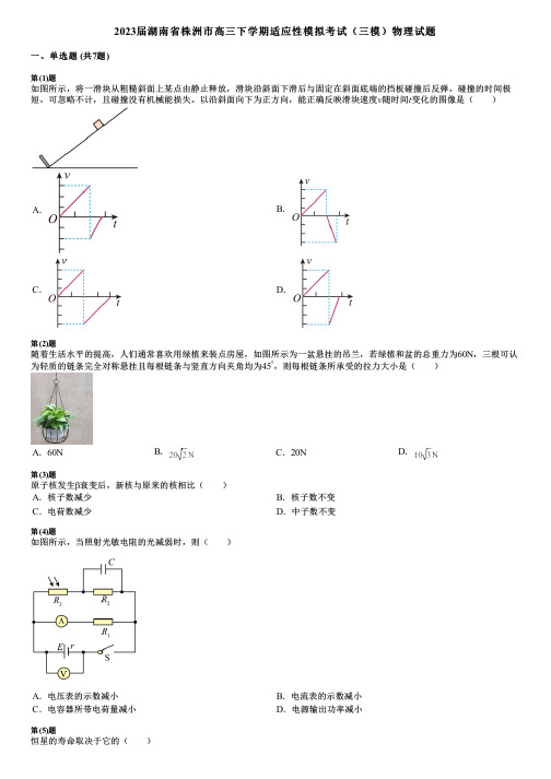 2023届湖南省株洲市高三下学期适应性模拟考试(三模)物理试题