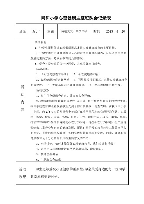 五、4心理健康主题班队会记录表