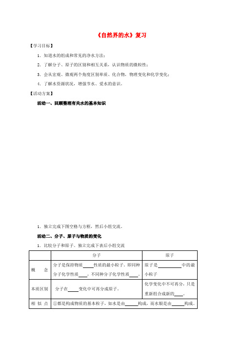 2020九年级化学上册 第四章 自然界的水复习导学案(无答案)(新版)新人教版