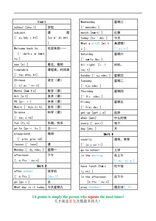 译林版小学英语四年级下册单词表(带音标)