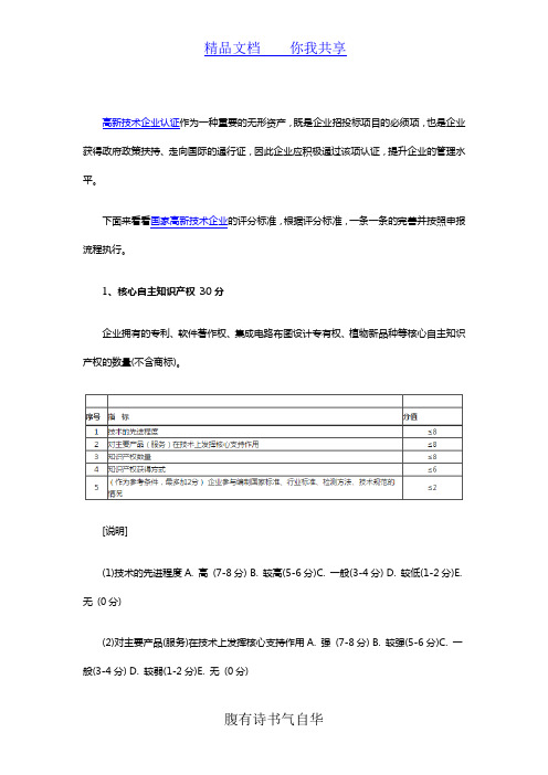 国家高新技术企业评分标准