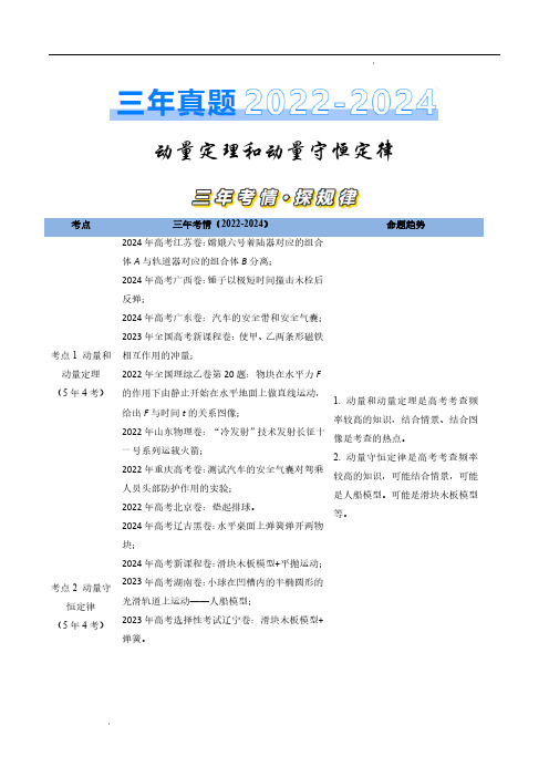 动量定理和动量守恒定律(原卷版)—三年(2022-2024)高考物理真题汇编(全国通用)