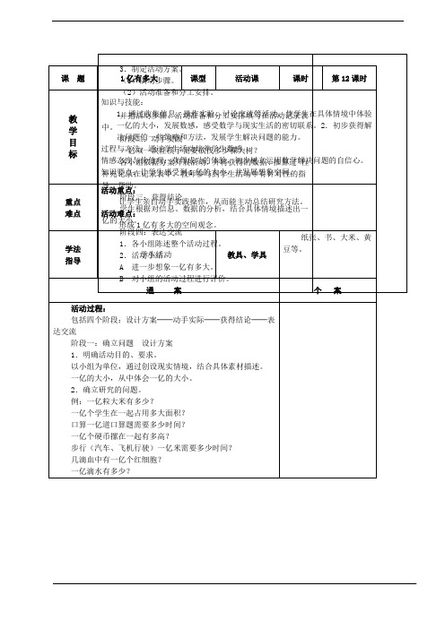 2015-2016人教版四年级数学上册第一单元第12课时1亿有多大(导学案)