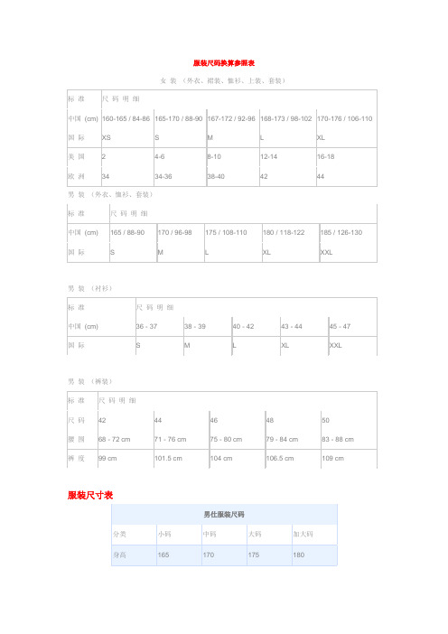 服装尺码换算参照表