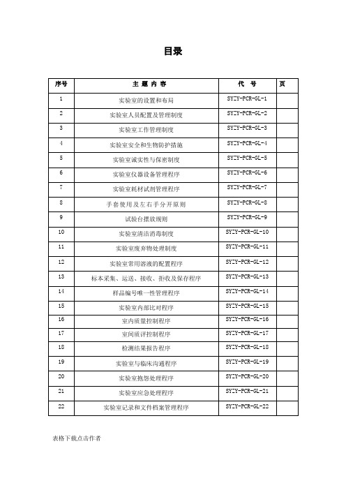 检验科PCR实验室管理文件SOP目录