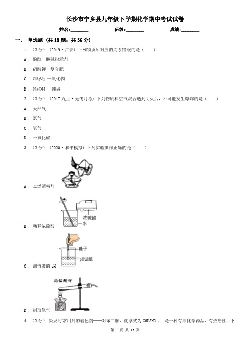 长沙市宁乡县九年级下学期化学期中考试试卷