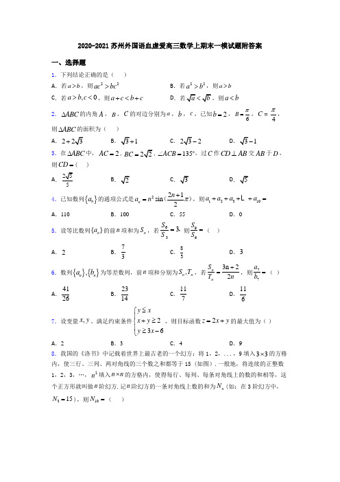 2020-2021苏州外国语血虚爱高三数学上期末一模试题附答案