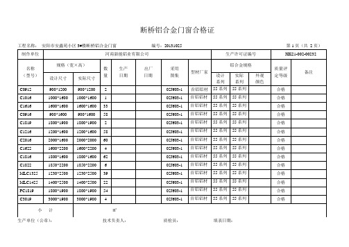 铝合金门窗合格证实例