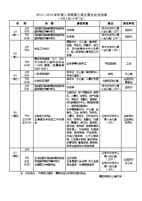 2013~2014学年第二学期第三周主要会议安排表