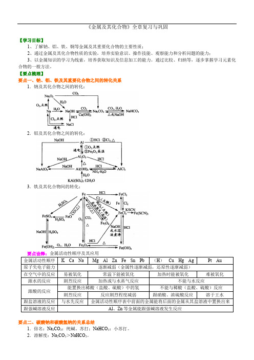 人教版高中化学必修一教学讲义,复习补习资料(含知识讲解 )：29【基础】《金属及其化合物》全章复习