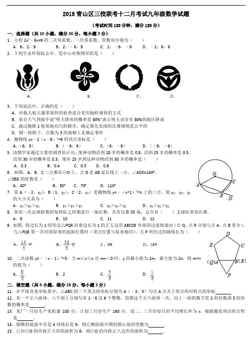 2018-2019学年湖北省武汉市青山区三校联考九年级第一学期十二月考试数学试题 (无答案)