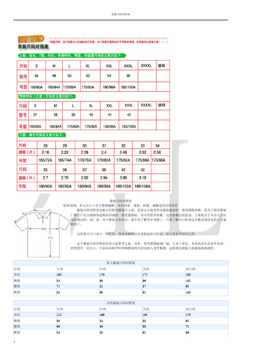 衣服尺码对照表(完美版)