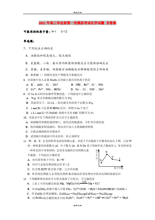 2021年高三毕业班第一次模拟考试化学试题 含答案