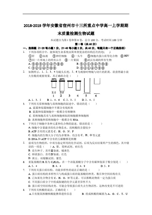 【国家百强校】2018-2019学年安徽省宿州市十三所重点中学高一上学期期末质量检测生物试题