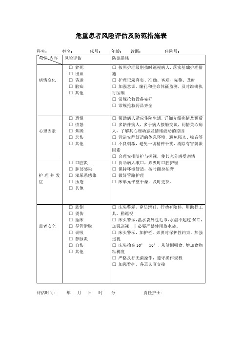 危重患者风险评估及防范措施表