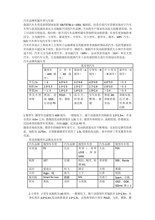 汽车品牌所属车型