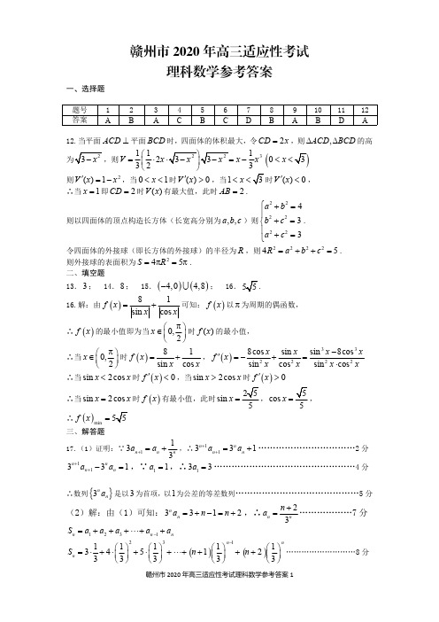 赣州市2020年高三适应性考试理科数学参考答案