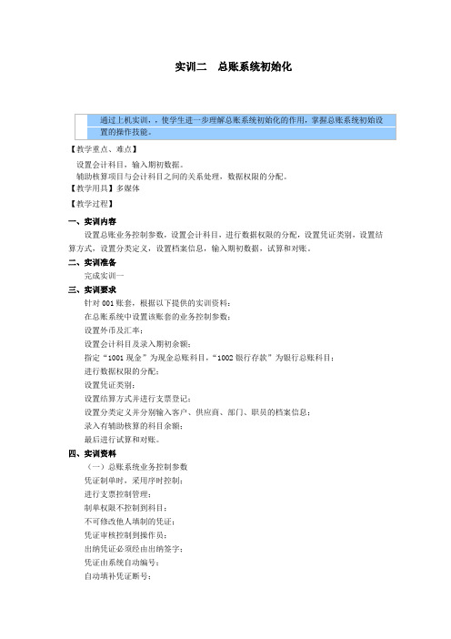 会计电算化教案——实训二  总账系统初始化