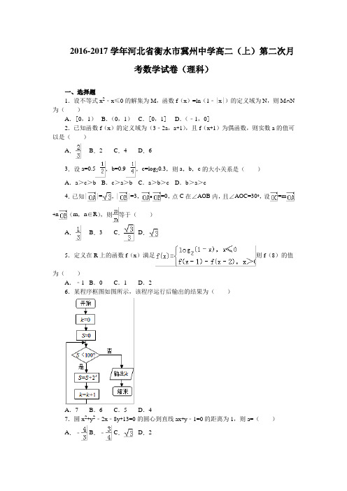 《解析》河北省衡水市冀州中学2016-2017学年高二上学期第二次月考数学理试卷Word版含解析