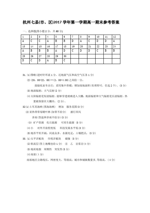 浙江省学考选考杭州七县(市、区)2017学年第一学期高一期末参考答案杭州七县高一地理参考答案