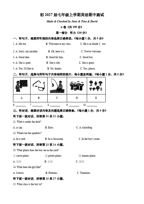 四川省成都市武侯区西川实验学校2024-2025学年七年级上学期11月期中考试英语试题(含答案)