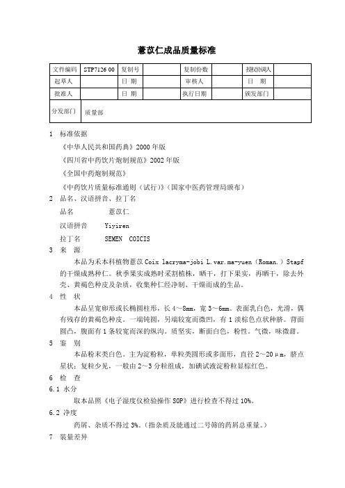 薏苡仁成品质量标准