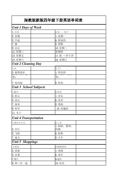 四年级下册英语单词表(闽教版2013版)