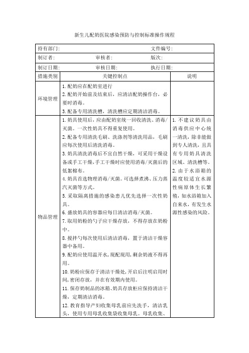 新生儿配奶医院感染预防与控制标准操作规程