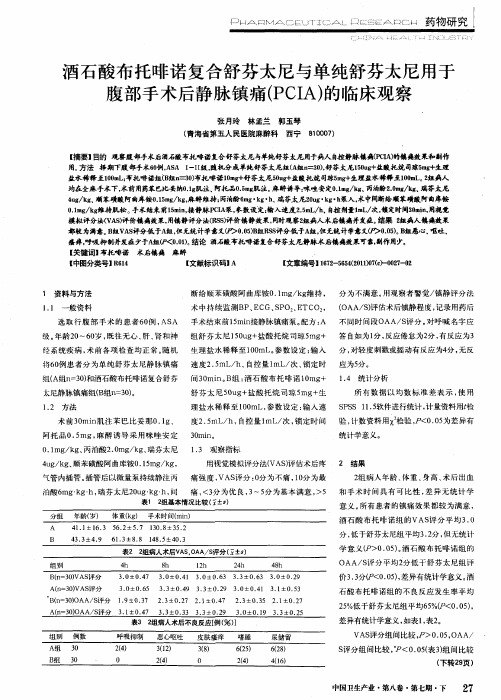 酒石酸布托啡诺复合舒芬太尼与单纯舒芬太尼用于腹部手术后静脉镇痛(PCIA)的临床观察