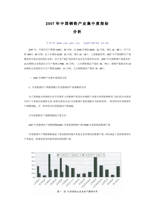 2007年中国钢铁产业集中度指标分析