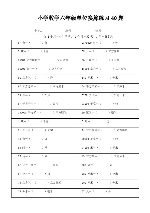 小学数学六年级单位换算练习40题