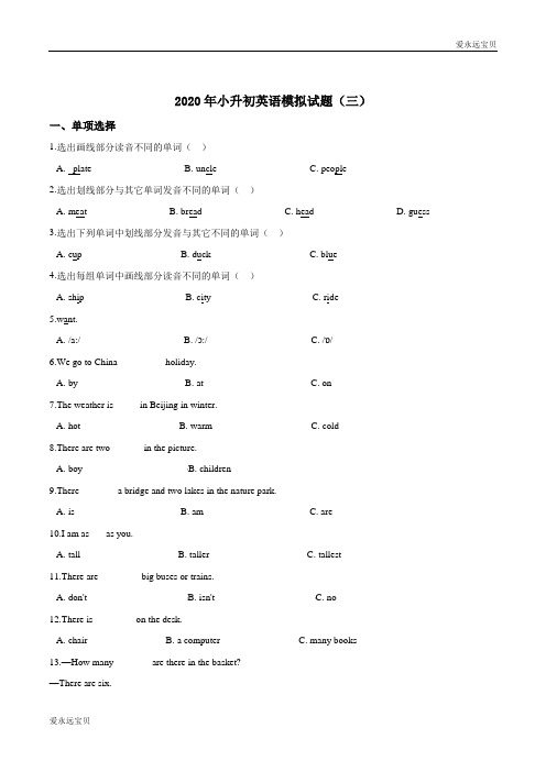 2020年小升初英语模拟试题(三) (科普版含答案)