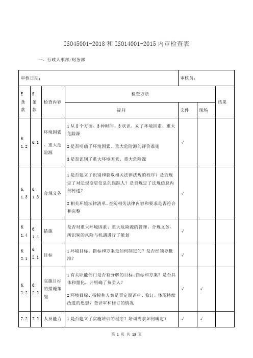 ISO45001-2018和ISO14001-2015内审检查表