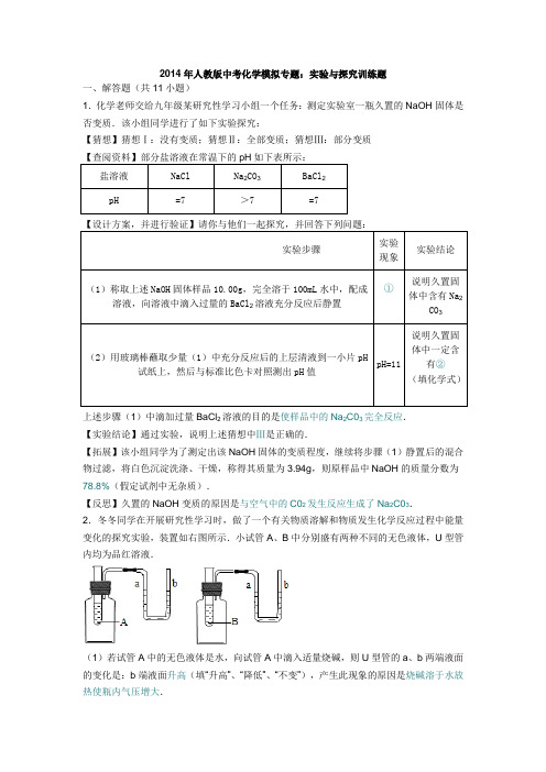 2014年中考化学模拟专题：实验与探究训练题及答案