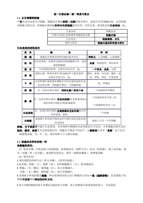 高一生物必修一第一章复习