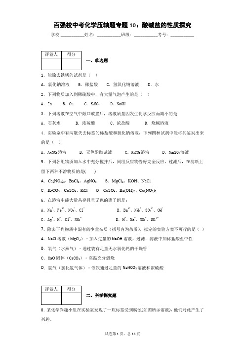 百强校中考化学压轴题专题10：酸碱盐的性质探究