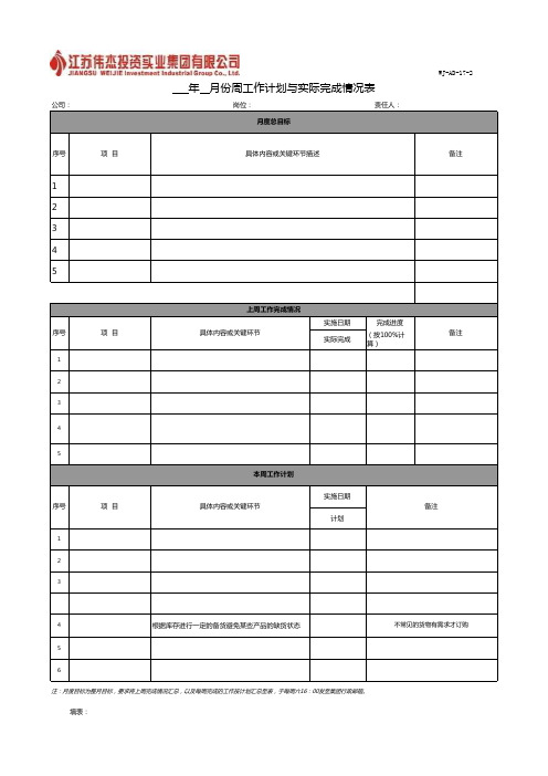 每周工作计划与实际完成情况表-行政部