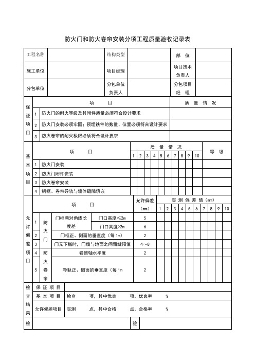 防火门和防火卷帘安装分项工程质量验收记录表