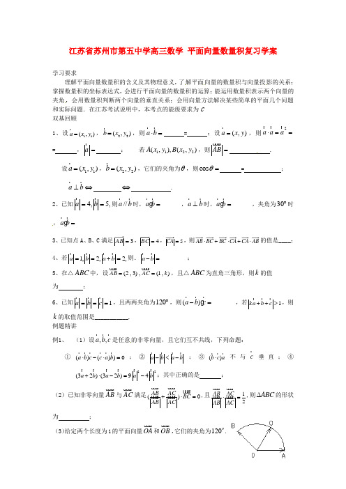 江苏省苏州市第五中学高三数学 平面向量数量积复习学