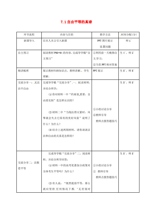 八年级道德与法治下册第四单元崇尚法治精神第七课尊重自由平等第1框自由平等的真谛教学流程新人教版