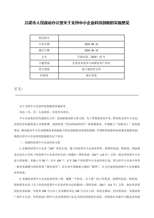 吕梁市人民政府办公室关于支持中小企业科技创新的实施意见-吕政办发〔2020〕42号