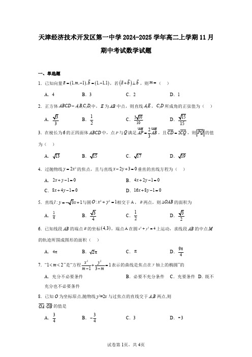 天津经济技术开发区第一中学2024-2025学年高二上学期11月期中考试数学试题